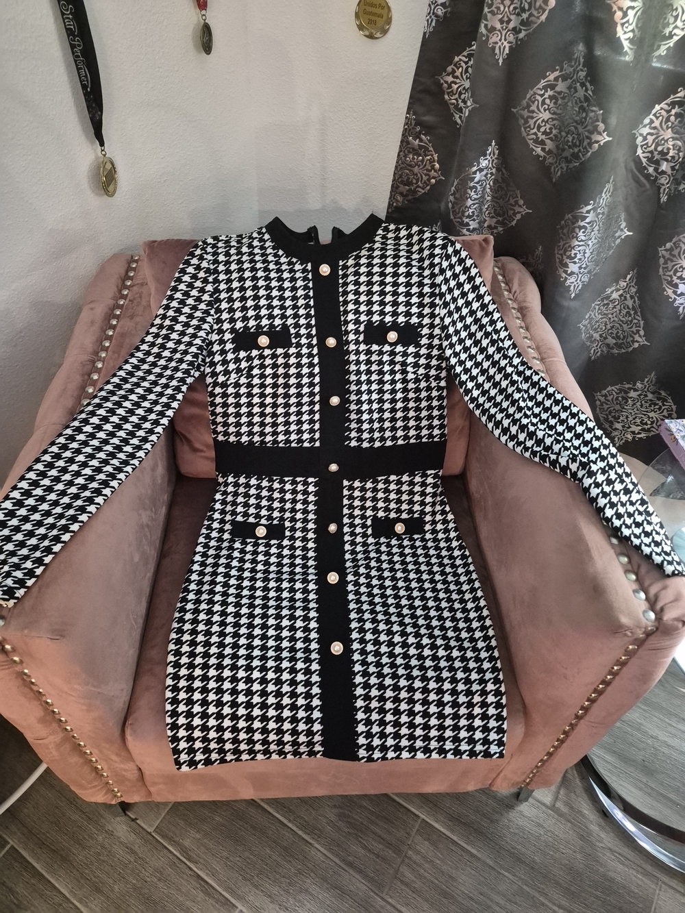 SHEIN Black & White Houndstooth Long-Sleeve Button Dress